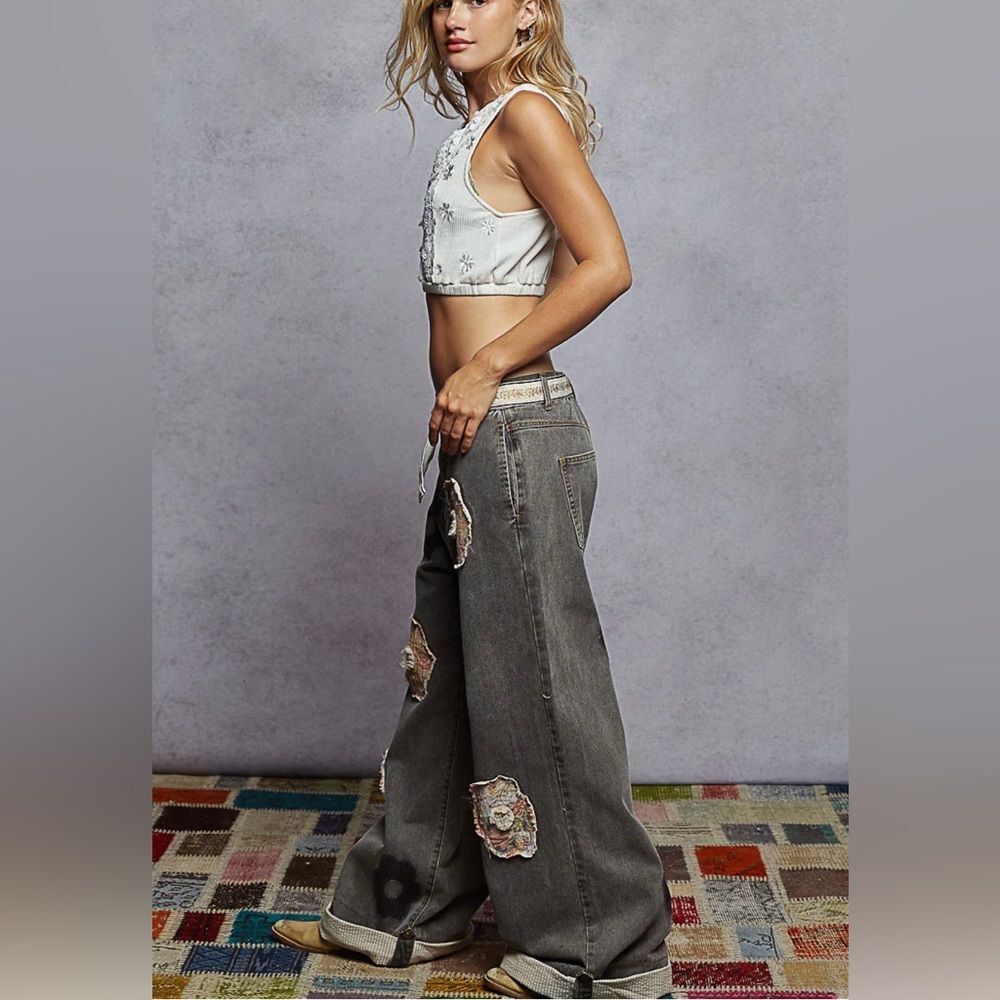 POL NWT Floral Patchwork Rolled-Up Denim Straight Pants Size Large - Picture 2 of 9